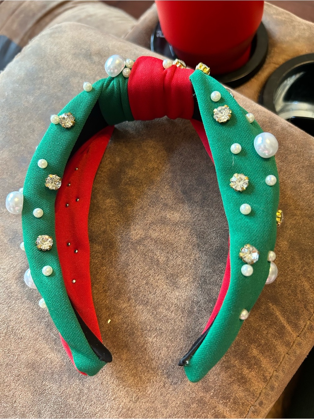 Pearl & Crystal Two-Tone Padded Headband in Green and Red
